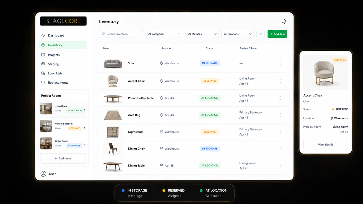 StageCore home staging inventory catalog showing item locations and availability