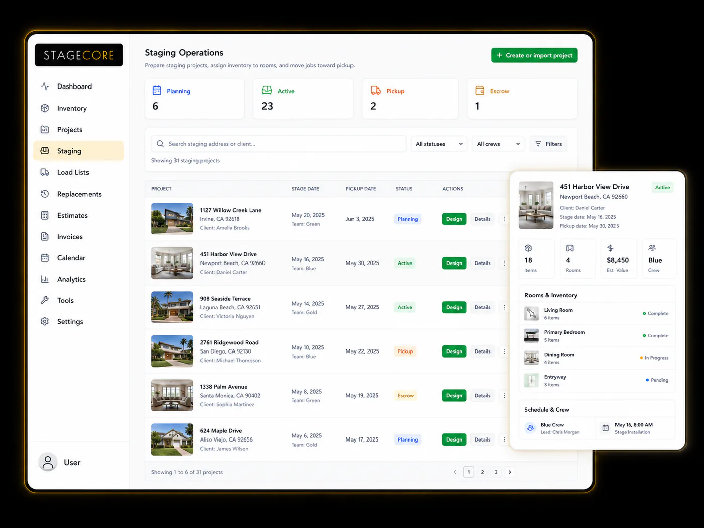 StageCore staging operations dashboard with project dates, rooms, inventory, and crews